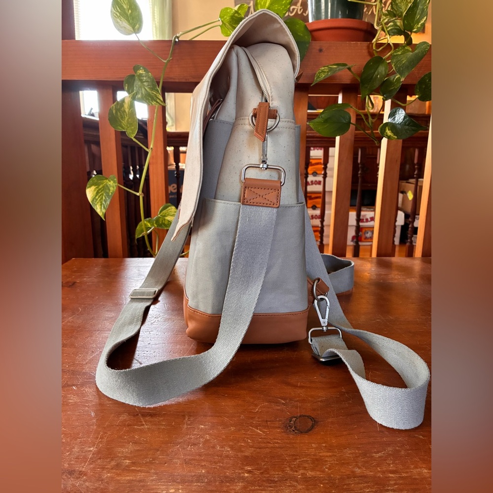 Kinwell Diaper Bag Backpack - Gray, Camel and Cream; Canvas and Vegan Leather - Picture 4 of 6